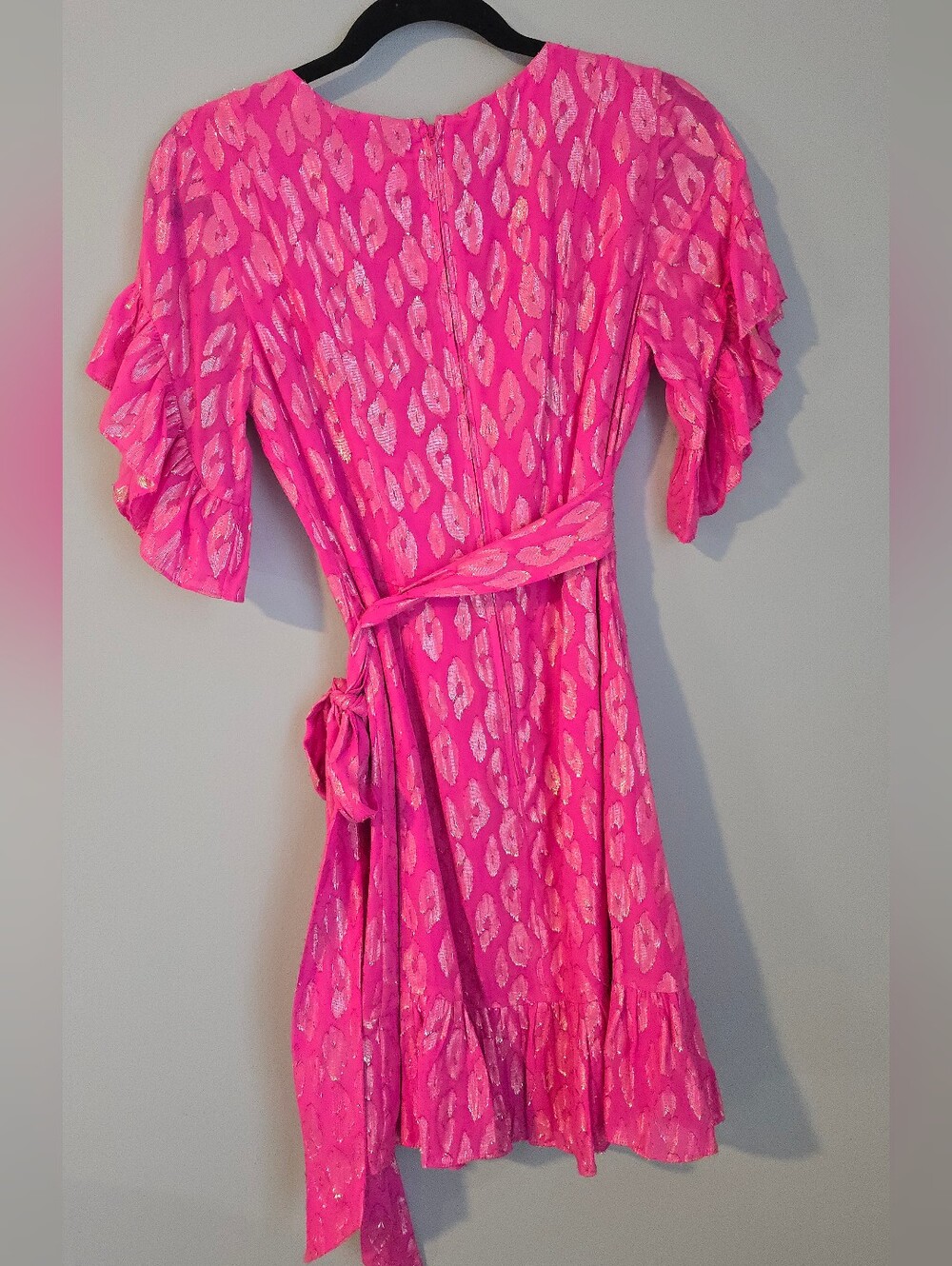 Size 4 Silk Lilly Pulitzer Hot Pink Metallic-Print Ruffle Midi Dress - Picture 2 of 3